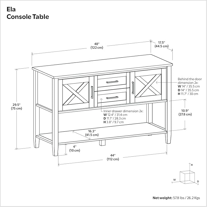 SIMPLIHOME Ela Console Table - 48 Inch Wide Solid Wood Sofa Table in Smoky Brown, Transitional Storage Table for Entryway or Living Room with 2 Drawers, 2 Cabinets, Open Shelf, and X-Panel Doors