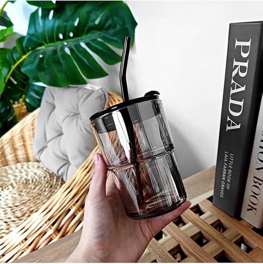 13oz/400ml Tumbler Water Glass, Water Bottle with Straw and Lid Sealed Carry on, Glass Coffee Mug Iced Tea Cup Thick Wall Insulated Glass Cup (Gray)