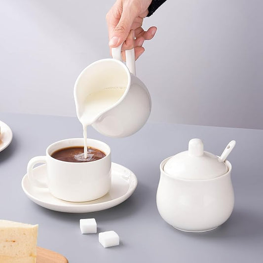 12 OZ Ceramic Sugar and Creamer Set, Coffee Serving Set, 3 Piece Cream Pitcher Sugar Bowl with Lid and Spoon (White)