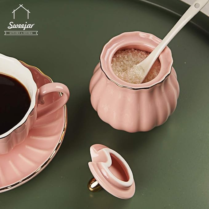 Sweejar Royal Ceramic Sugar and Creamer Set, 3 Piece Set with Cream Pitcher, Sugar Bowl, Sugar Set with Lid & Spoon, Coffee Serving Set Wedding Gift(Pink)