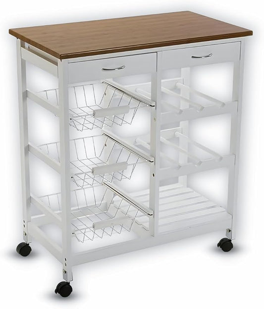 Kitchen Island Cart with Drawers, Lockable Wheels - Rolling Serving Utility Trolley - Mobile Countertop Open Shelf Storage Cabinet Basket for Dining Room, Coffee Bar (White)