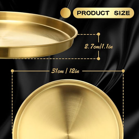 Thenshop 3 Pcs Gold Serving Tray, Stainless Steel Round Decorative Vanity Plates, Jewelry Makeup Organizer, Reusable Food Display Dish for Gift, Wedding, Christmas, Bathroom, Coffee Table (12 Inch)