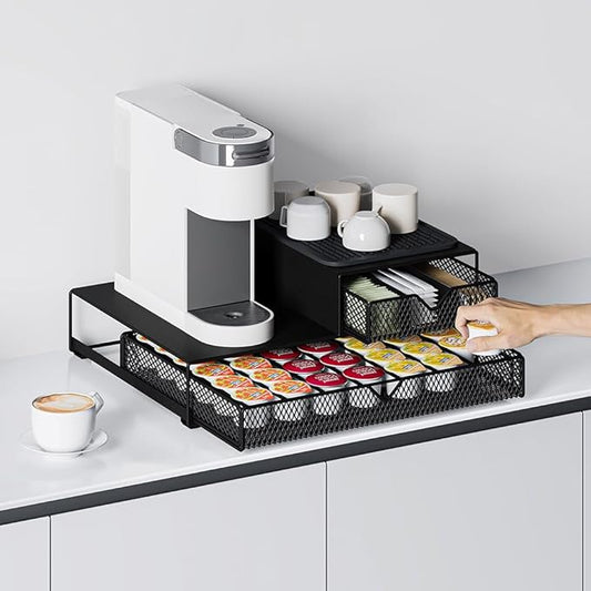 Coffee Maker Countertop Organizer,K Cup Pod Drawers,60 Coffee Capsule Pod Holder,Integrated Design Requires No Assembly.Slidng Storage Pod Baskets,K Cup holder,Silicone Drink Coasters