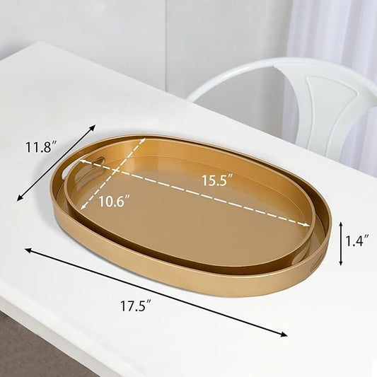 MAONAME Gold Serving Trays with Handles, Oval Decorative Tray for Coffee Table, Nesting Trays Set of 2, Plastic Vanity Tray for Ottoman, Living Room