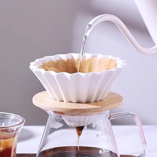 Ceramic Coffee Dripper with Wood Cup Stand Pour Over Coffee Maker Elegant Flower-shape V60 Strainer for 1-2 Cups Slow Brewing Accessories for Home Coffee Shops Restaurants White