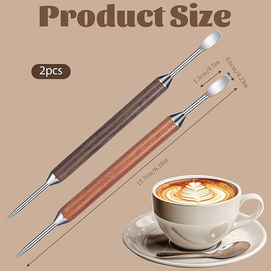 2PCS Latte Art Pen, Double-Ended Stainless Steel Barista Tools, Professional Coffee Art Pen, Barista Tools with Wooden Handle for Espresso Designs, Home and Cafe Use