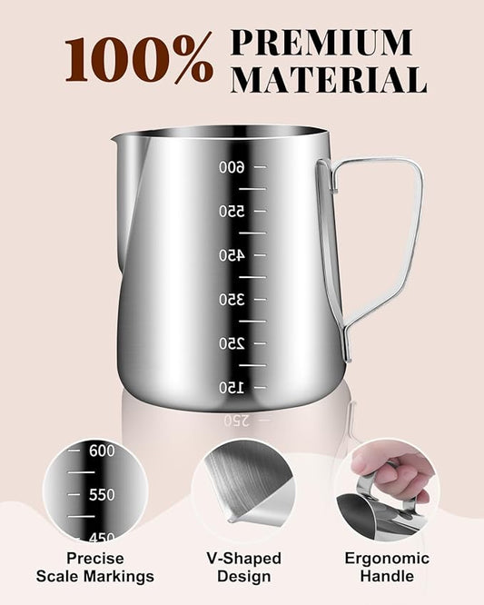 Milk Frothing Pitcher 20oz/600ML with Clear Scale 1PCS, Stainless Steel Cappuccino Espresso Machine Accessories for Barista Coffee Bar Attached Dessert Spoons 2PCS