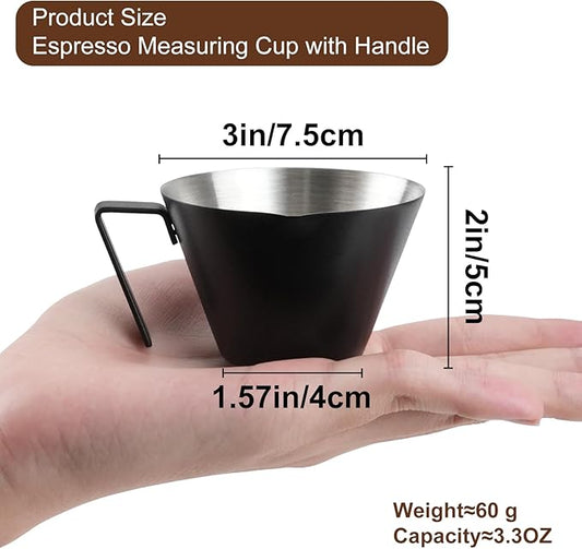 2Pcs Espresso Cups with Handle, WCHOSOZH 3.4OZ Espresso Accessories, Stainless Steel Spout Measuring Cup with Scale, Espresso Pouring Cup with V-Shaped Mouth (V-Deep Mouth - Black)