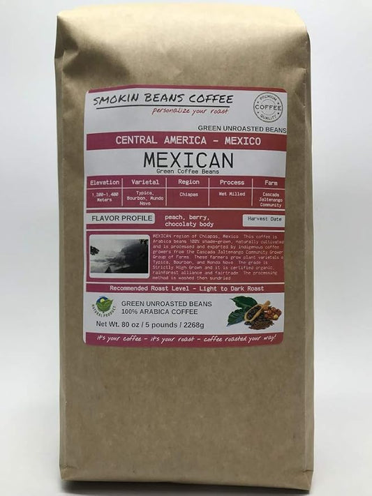 5 pounds| Mexican| Farm: Finca Nextlalpa| Grade-Altura| Spice,Chocolate,BrownSugar,Nuts/Apple| Specialty-Grade Green Unroasted Whole Coffee Beans| for Home Coffee Roasters|by Smokin’ Beans Coffee Co