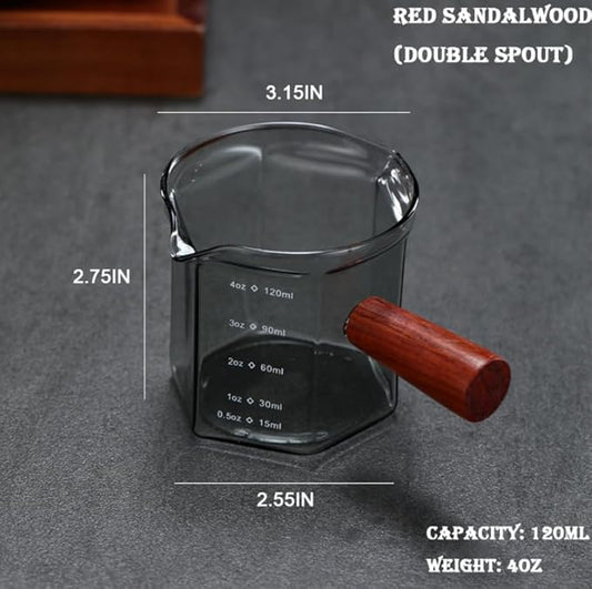 4OZ /120ML Ash Black Double Spouts Espresso Measuring Cup hexagonal Milk Cup with Red Sandalwood Handle Shot Glasses Clear Double Spout Espresso Glass Measuring Tools n Scales