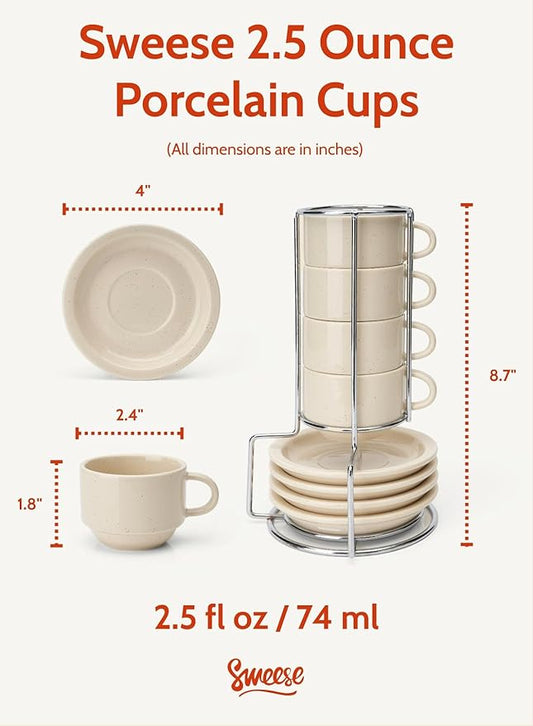 Sweese Porcelain Espresso Cups Set, 2.5 oz, Stackable with Saucers Metal Stand, Beige, 4 Pack