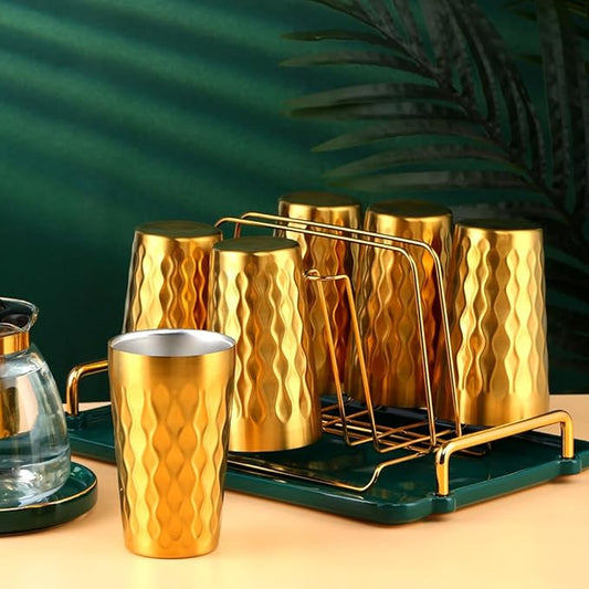 10oz Stainless Steel Cup Set, 2Pcs Double Wall Metal Cup,Vacuum Stackable Insulated Portable Drinking Tumblers Unbreakable Glasses,for Home Outdoor Restaurant (Gold)