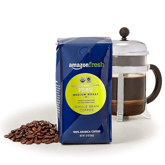 Amazon Fresh, Organic Fair Trade Peru Whole Bean Coffee, Medium Roast, 12 Oz