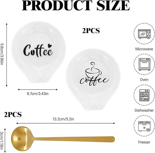 2 Pcs Coffee Spoon Rest, Monogram Ceramic Spoon Holder for Tablespoon, Teaspoon, Bar Spoon, With 2 Pcs Spoon for Coffee Lovers Girlfriend Wife Husband Anniversary Friends
