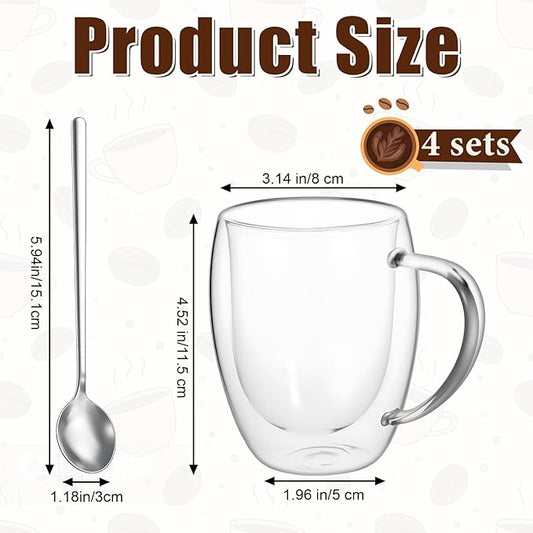 MSHHDK Double Wall Glass Coffee Mugs, 12 oz – Set of 4 with Spoons, Insulated Clear Mugs for Hot & Cold Drinks