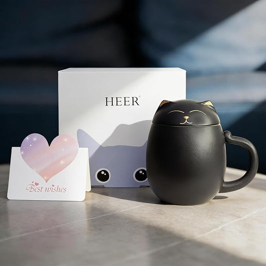 HEER Black Cat Tea Cup with Infuser and Lid, Cute Tea Mug with Strainer for Steeping Loose Leaf, Ceramic Teacup Birthday Christmas Cat Lover Gifts for Women, Men, Mom, Sisters, besties. (Black)