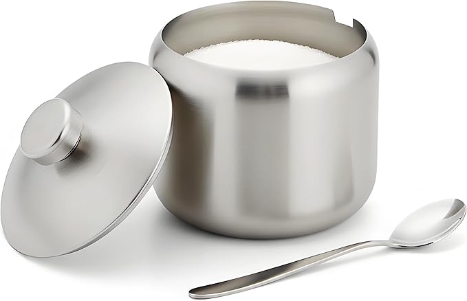 15oz Sugar Bowl with Lid And Spoon, Stainless Steel Sugar Creamer Container, Round Sugar Jar, Durable Sugar Pot for Coffee Bar Accessories, Coffee Bar Decor, Home and Kitchen Storage, Silver