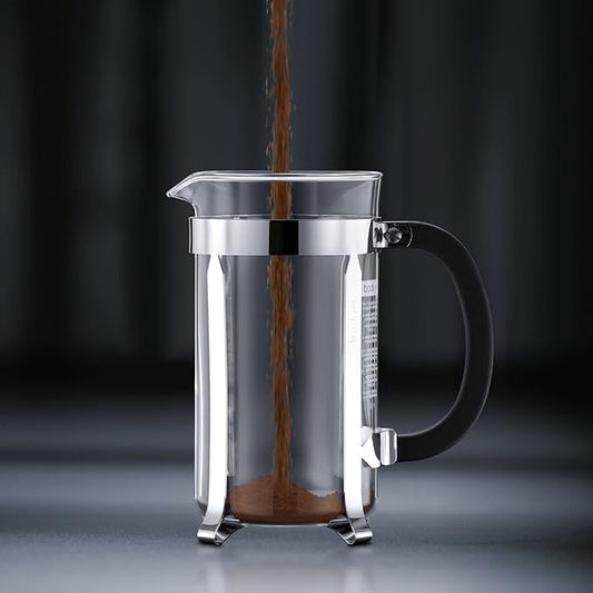 Bodum 12oz Chambord French Press Coffee Maker, High-Heat Borosilicate Glass, Polished Stainless Steel – Made in Portugal