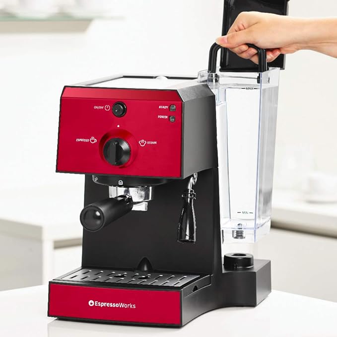 EspressoWorks All-In-One Espresso Machine with Milk Frother 7-Piece Set - Cappuccino Maker Includes Grinder, Frothing Pitcher, Cups, Spoon and Tamper - Coffee Gifts (Red)