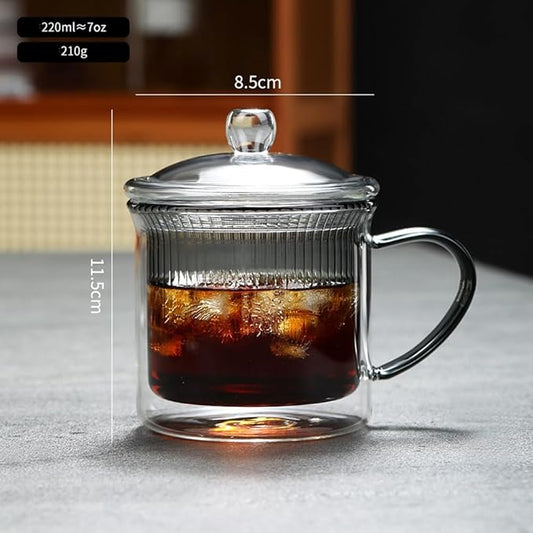 7OZ Double Walled Coffee Mugs Glass with Lid Handles,Cups for Latte,Hot Tea,Cappuccino, Mocha,Cocoa,Hot & Cold Beverages Glasses Heat Resistant Coffee Cups