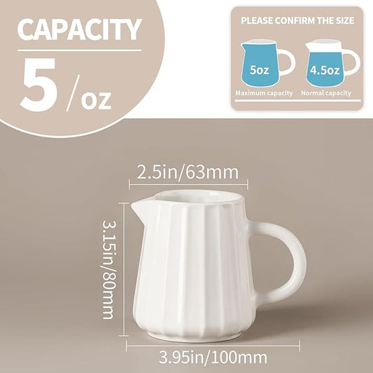 Gurygo Wave Shaped 2 Pack 5 Oz Classic White Creamer with Handle - Small Ceramic Creamer Pitcher Set - Fine Porcelain Small Milk Pitcher for Coffee Milk Sauces Salad, Microwave Safe