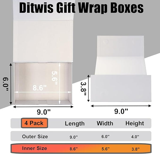 Ditwis 4 Pack 9x6x4 Inches Gift Boxes with Magnetic Closure Lids, White Magnetic Box for Wedding, Groomsmen Bridesmaid Proposal, Birthdays, Mother's Day
