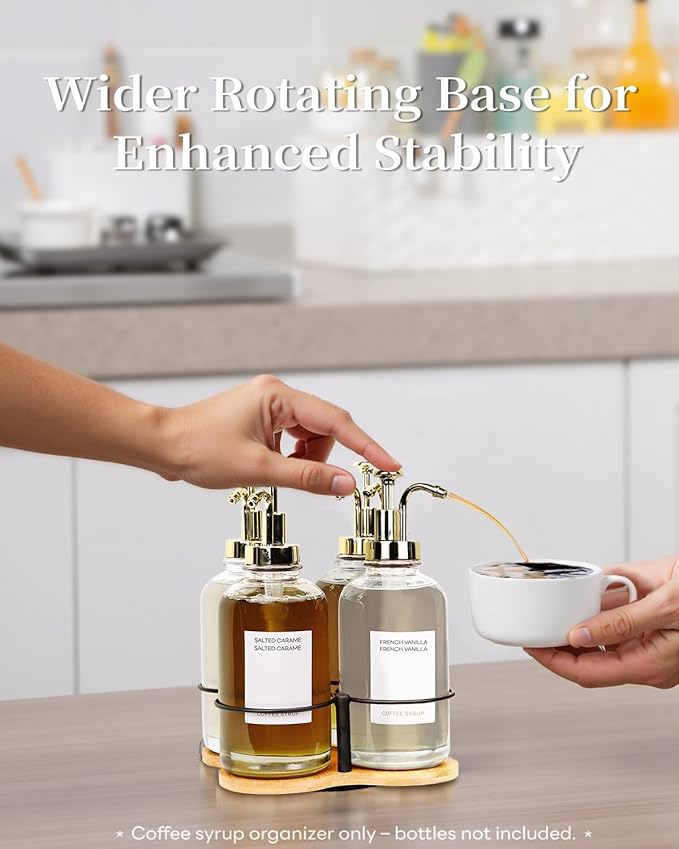 IntreLife Rotating Coffee Syrup Organizer, Syrup Bottle Holder for Coffee Syrup Dispenser 16.9oz, Bamboo Coffee Syrup Rack for Coffee Bar Station Countertop, Coffee Bar Accessories(Syrup Rack Only)