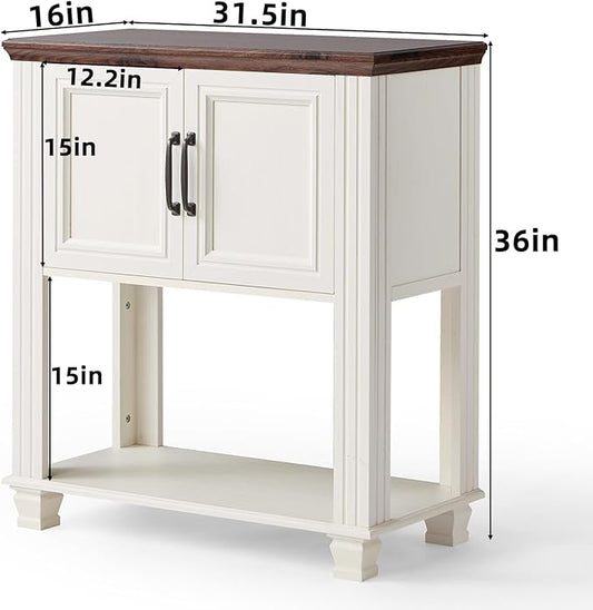 Farmhouse Coffee Bar Table with 2-Door Cabinet, Kitchen Storage Cabinets with Open Shelf, Coffee Station for Dining Room, Kitchen, Hallway, Living Room, White