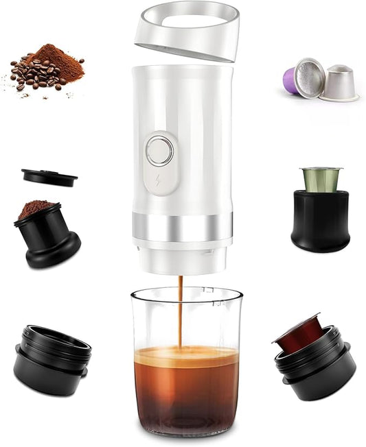 Portable Espresso Machine 3Minute Auto Heat12V Rechargeable Electri Coffee Maker 20 BaCompatible with NS DG Capsules and GroundCoffee for Camping, Travelling RVing HikingandOffice (White)