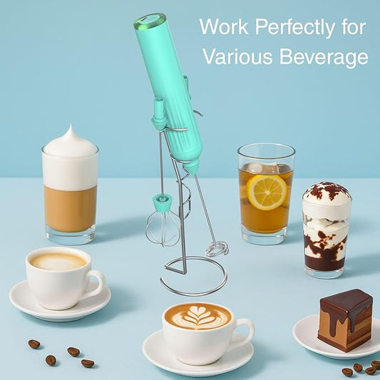 Milk Frother Handheld with 3 Stainless Steel Whisks, Rechargeable Electric Drink Mixer with Stand & Travel Case, Milk Foamer for Coffee, Latte, Cappuccino, Hot Chocolate, Egg,Jam Supplement-Mint