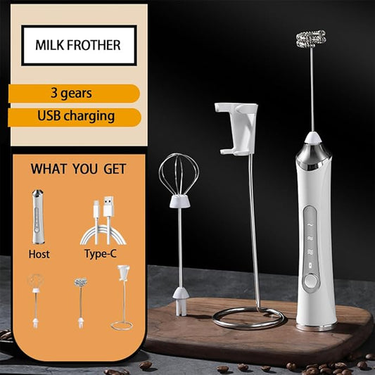 Rechargeable Milk Frother Handheld For Coffee,3 Speeds Frother Wand With Stand, Batidora De Mano Electrica,Coffee Frother With 2 Heads,Drink Mixer Electric Handheld,Kitchen Essentials (White)