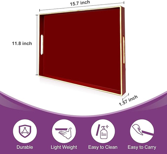 Gifturbo Red Large Serving Tray with Handles,Rectangular Plastic Elegant Decorative Coffee Table Tray for Ottoman, Living Room, Bathroom, Home Decor, Vanity Tray with Gold Trimming, 15.7” x 11.8”