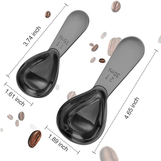 Stainless steel coffee scoop 2-piece set (1 tbsp, 2 tbsp) durable Tablespoon, ergonomic measuring spoon, Suitable for small and large jars,short-handled spoon (Black)