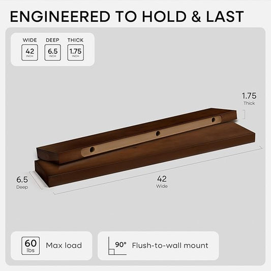 Homeforia Walnut 42 inch Floating Shelves, High End Solid Real Wood 42inch Floating Shelf for Wall, Large Dark Brown 42 inches Long Floating Shelves, Heavy Duty Bracket, 42 X 6.5 X 1.75 inch, Set of 2