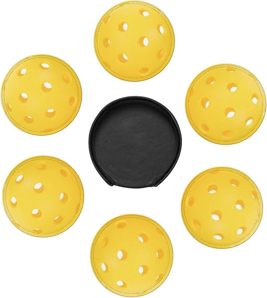 Pickleball Coasters for Drinks with Holder Round Leather Coasters Set of 6 Cups Mugs Mat Pad for Home Kitchen Bar