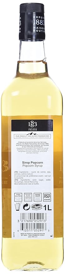 1883 Popcorn Syrup for Drinks, Made in France, 1 Liter Glass Bottle
