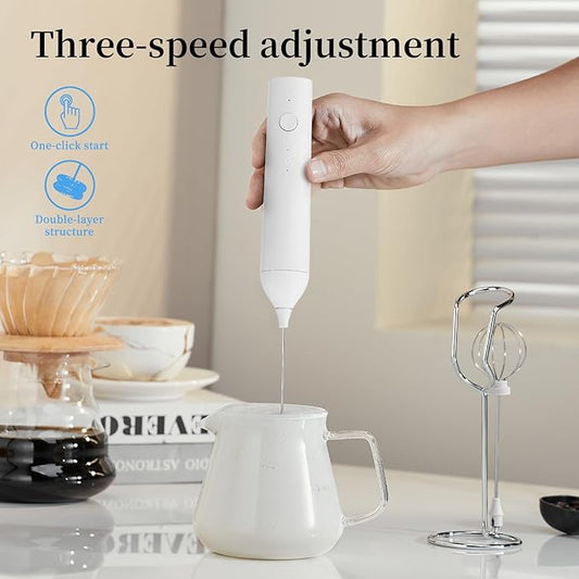 Rechargeable Milk Frother Set by ELMWAY, Electric Drink Blender with Wand and Egg Whisk, Foam Maker Mixer, Milk Frother Handled for Coffee, Latte, Matcha, Protein Powder (White with Stand)