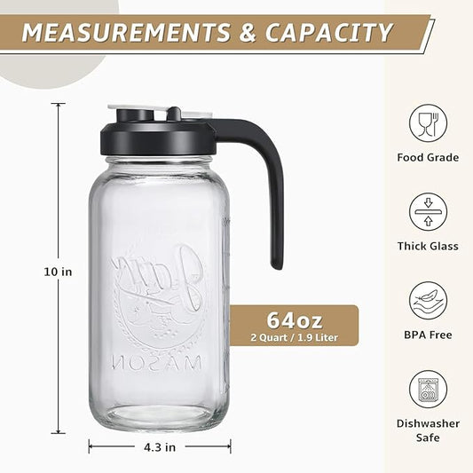 Glass Pitcher with Lid - 2 Quart Mason Jar Pitcher with Filter Lid, Wide Mouth Jar Leak-proof Water Jug, Heavy Duty Container for Water, Juice, Milk, Tea, Iced Coffee, and Drinks - Set of 3