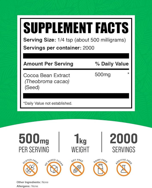 BulkSupplements.com Cocoa Bean Extract Powder - Cocoa Supplement - Unsweetened, Vegan & Gluten Free, 500mg per Serving, 1kg (2.2 lbs) (Pack of 1)