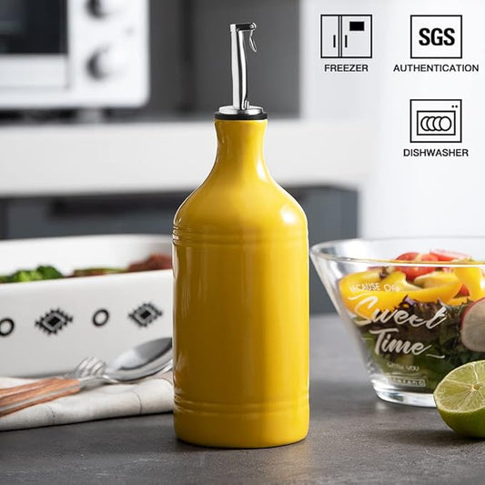 Sweejar Ceramic Olive Oil Dispenser Bottle, Opaque Oil Cruet Protects to Reduce Oxidation, Suitable for Storage Vinegar, Coffee Syrups & Other Liquids, Pack of 1, 15.5 Fl Oz(Yellow)