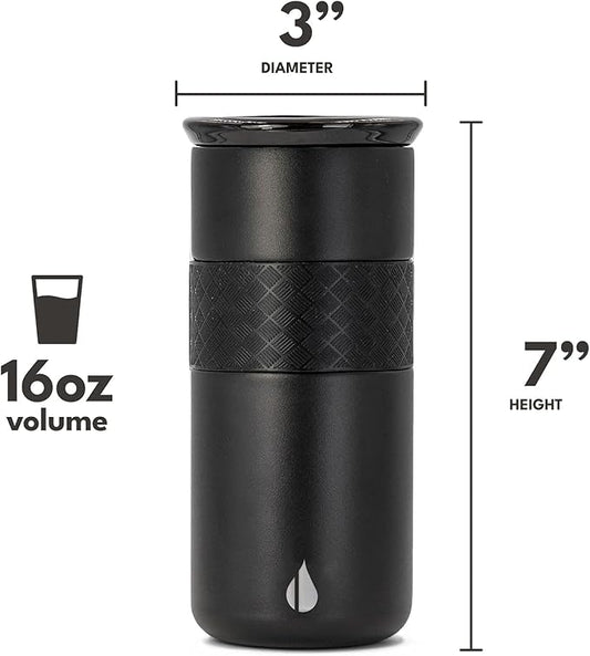 Elemental Artisan Inner Ceramic Coating Tumbler, Triple Wall Coffee Travel Mug, Reusable Stainless Steel Coffee Tumbler with Ceramic Lid for Hot (6 Hrs) & Cold (18 Hrs), 16oz - Black