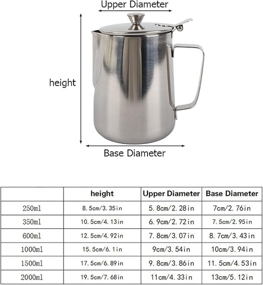 Espresso Steaming Pitcher, Stainless Steel Frothing Pitcher Milk Frothing Pitcher Jug with Lid Latte Coffee Art Tool (1000ml)