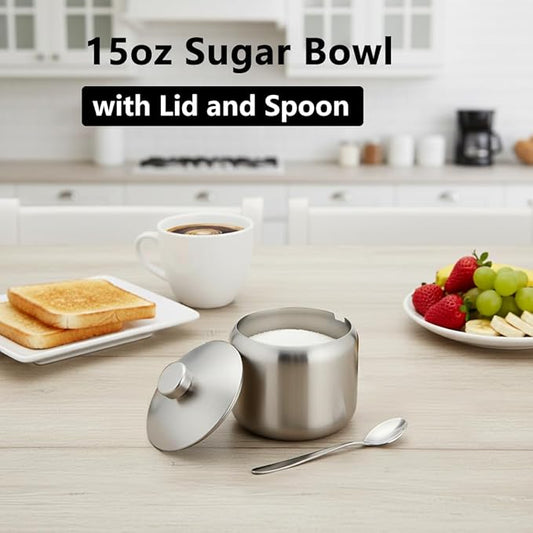 15oz Sugar Bowl with Lid And Spoon, Stainless Steel Sugar Creamer Container, Round Sugar Jar, Durable Sugar Pot for Coffee Bar Accessories, Coffee Bar Decor, Home and Kitchen Storage, Silver