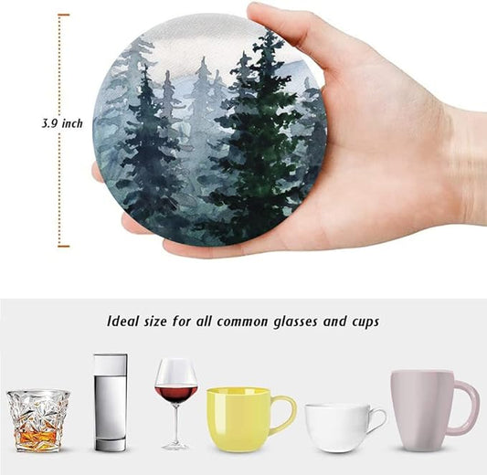 HUXJOKO Coasters for Drinks Set of 6,Watercolor Pine Forest Mountains Absorbent Ceramic Coaster,Round Stone Mat,with Cork Base and Metal Holder for Coffee Table Room Bar Home Decor Housewarming Gifts