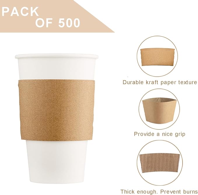 500 PCS Coffee Sleeves by MTJBYD-Fit 12oz,16oz,20oz,22oz, 24oz Hot Cups-Kraft Paper Cup Sleeves Perfect for Hot Drinks-Disposable and Recyclable-Plain Brown Color (PACK of 500)