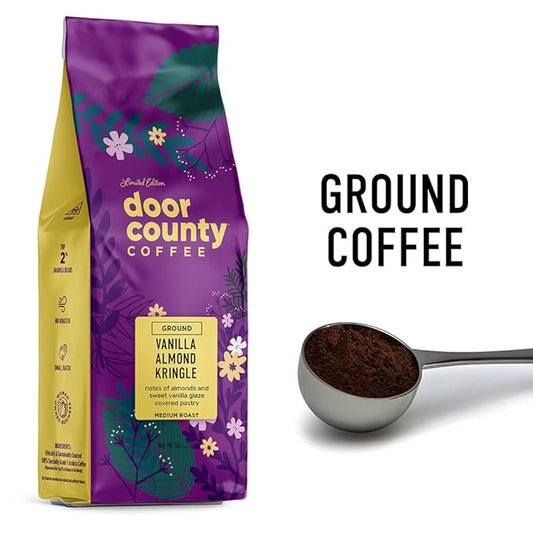 Door County Coffee Vanilla Almond Kringle Flavored Coffee Ground - 8 oz Bag - Spring & Summer Seasonal - Medium Roast - 100% Specialty Arabica - Almonds & Vanilla Glaze