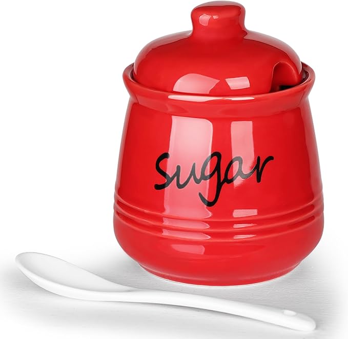 HAOTOP 12oz Sugar Bowl with Lid and Spoon,Ceramic Sugar Jar Sugar Dispenser Sugar Container Coffee Bar Accessories, Kitchen Countertop Canisters, Red