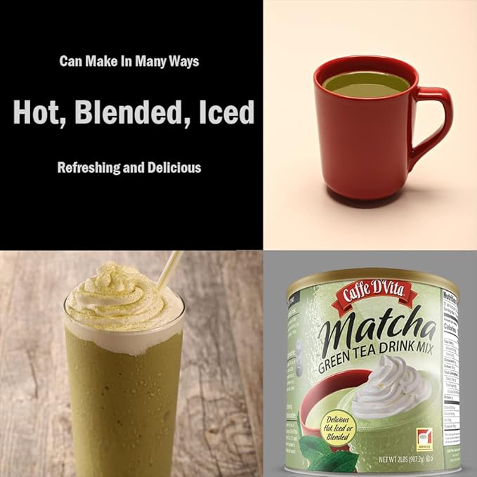 Caffe D'Vita Matcha Green Tea Drink Mix - Japanese Matcha Green Tea Powder, Gluten Free, Low Fat, No Cholesterol, No Hydrogenated Oils, No Trans Fat, Kosher-Dairy, Green Matcha Tea Powder - 2 Lb Can