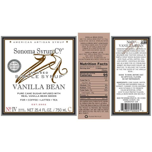 Sonoma Syrup Co. Vanilla Bean Infused Simple Syrup 25.4 fl oz | for Coffee, Tea, and Baking | Hand Crafted in the USA