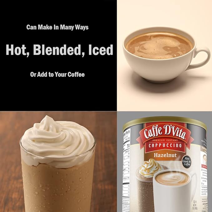 Caffe D'Vita Hazelnut Cappuccino Mix - Instant Coffee Powder Mix, Gluten Free, No Cholesterol, No Hydrogenated Oils, No Trans Fat, 99% Caffeine Free - 2 Lb Can